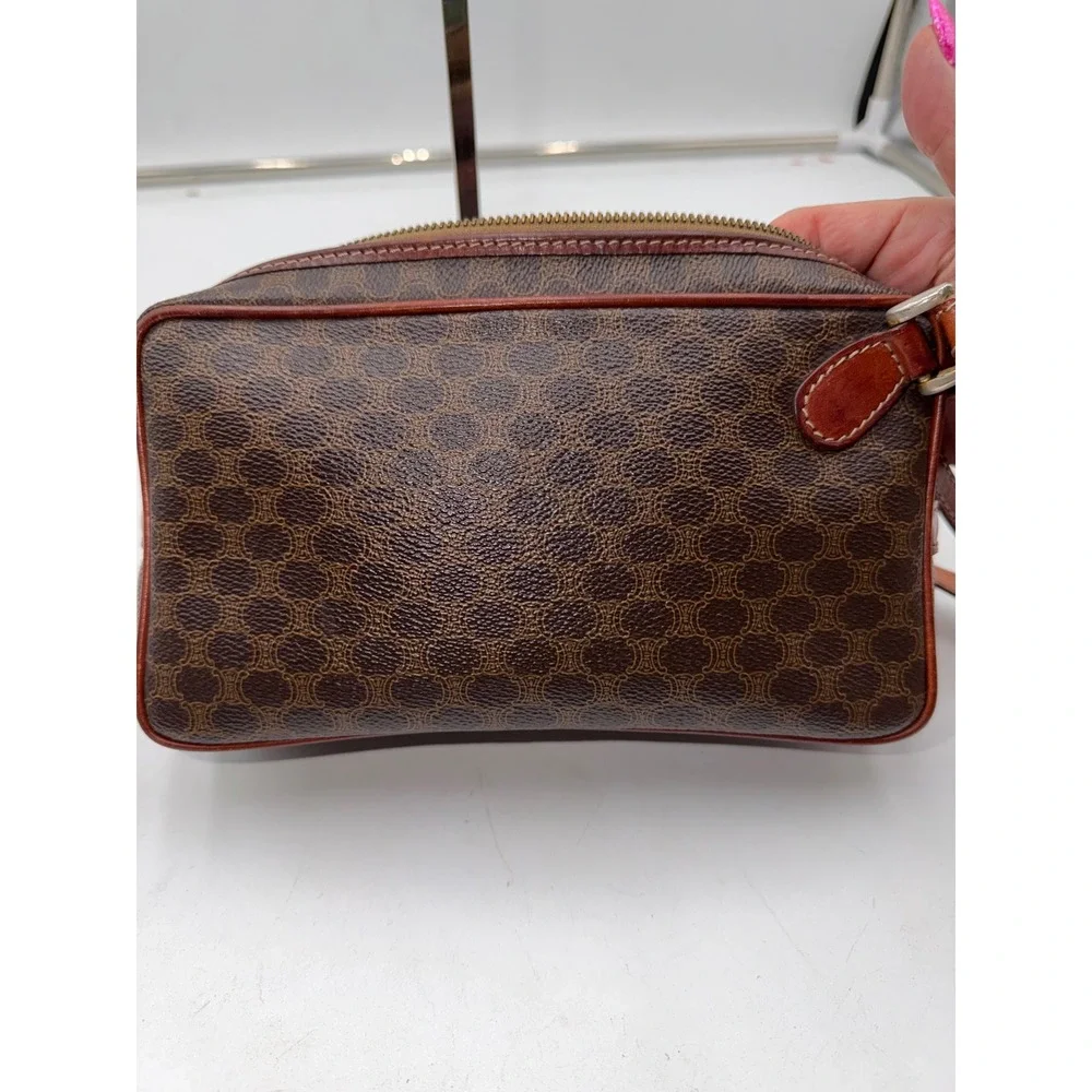 Celine Vintage Macadam Monogram Coated Canvas Leather Trim Clutch Bag Brown**